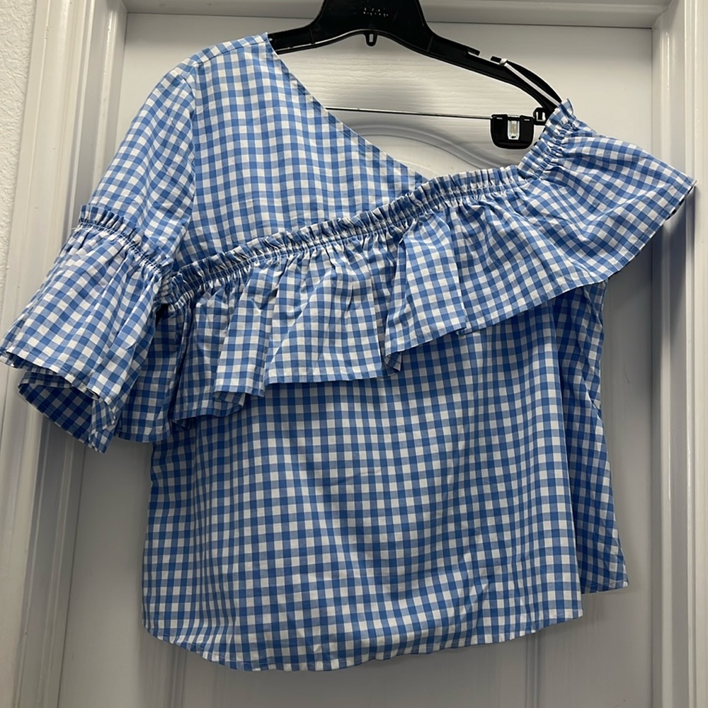 a.n.a Blue and White Asymmetrical Ruffled Blouse
